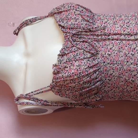 Nasty Gal Tie Straps Ruched Bust Floral Mini Dress in Pink and Lilac Purple 4 - Picture 2 of 6